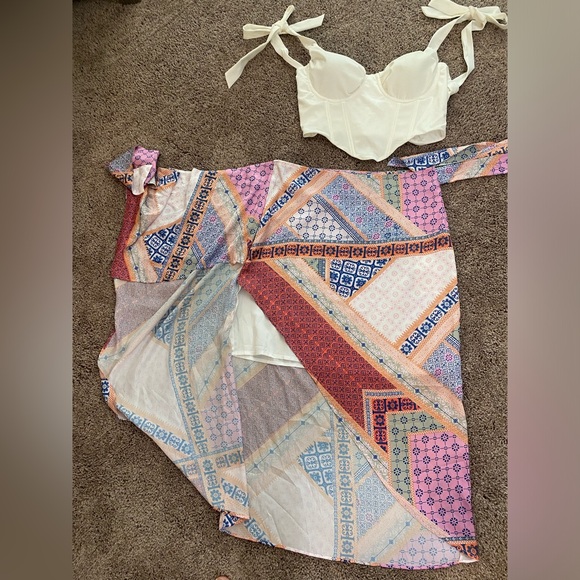 PREMIUM WRAP KNOT SCARF SKIRT and Tie Shoulder Bustier Bandana Crop Top size L - Picture 3 of 9